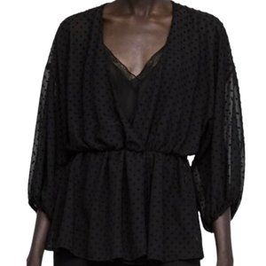 Zara Black Swiss Dot Blouse With Built In Lace Cami